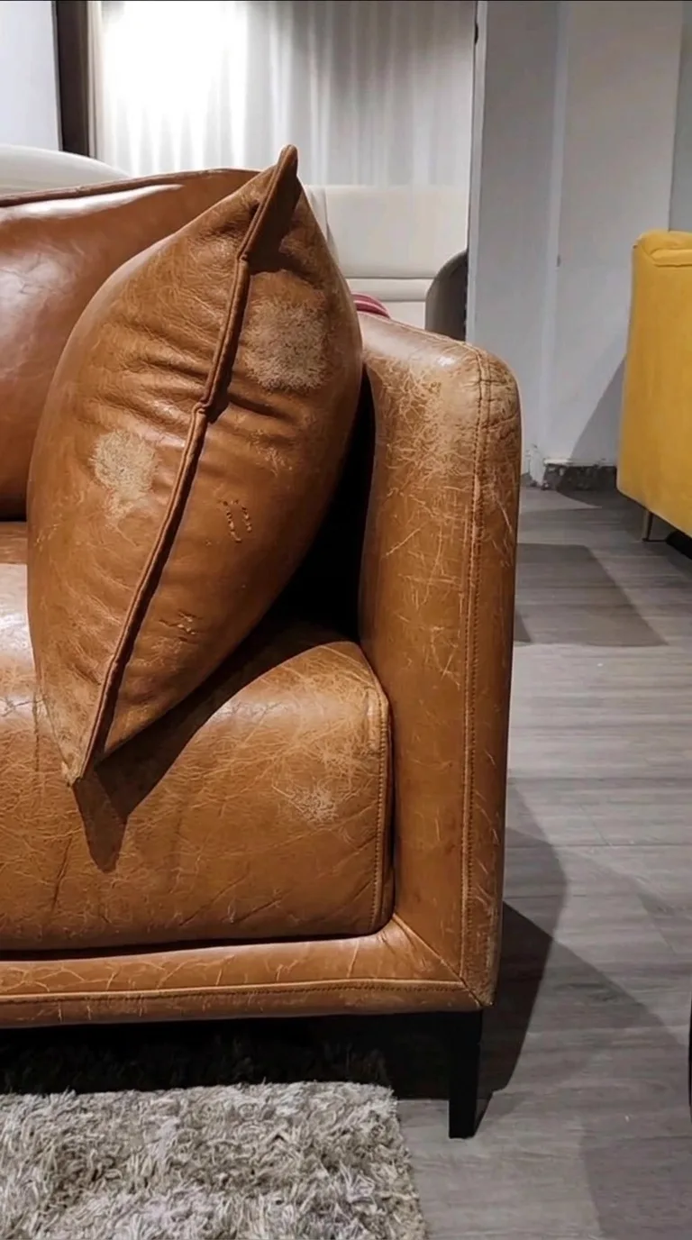Dry, cracked tan leather sofa and cushion before restoration